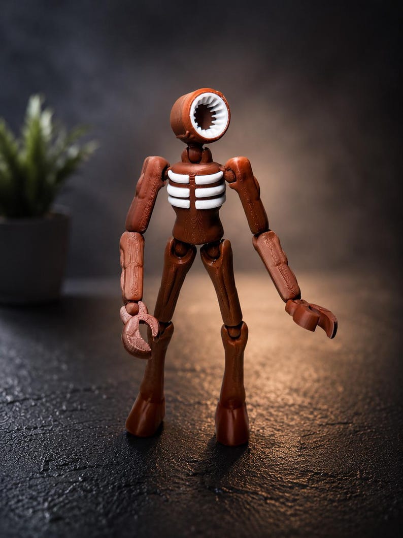 May include: A brown Siren Head action figure with a cylindrical head and a white speaker-like opening. The figure has articulated joints and a skeletal chest design. The figure is posed on a dark, textured surface.