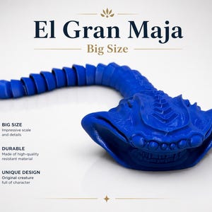 May include: A vibrant blue, articulated creature sculpture with the text "El Gran Maja" and "Big Size". The sculpture has a detailed head and a segmented, serpentine body. The image also includes icons and text highlighting the product's impressive scale, durability, and unique design.