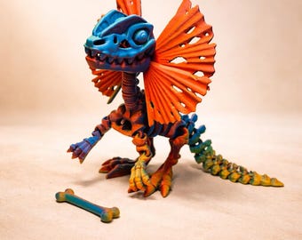 Esqueleto articulado de Dilophosaurus – Juguete de dinosaurio flexible impreso en 3D con degradado arcoíris (8 pulgadas)