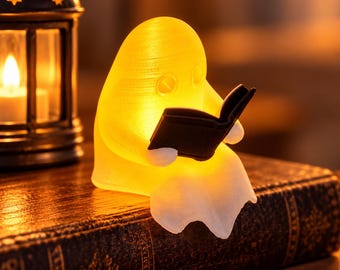 Ghost Tea Light Holder, 3D Printed Reading Ghost, LED Candle Holder, Glow in the Dark Decor, Cute Halloween Decor, Book Lover Gift