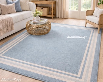 Luxury Sky Blue Wool Area Rug | Hand Tufted Border Design Rug for Modern Interiors