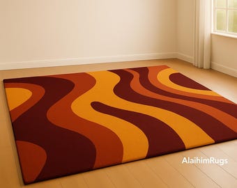 Abstract golftapijt verbrand oranje en mosterd – getuft handgemaakt tapijt – warme herfsttinten