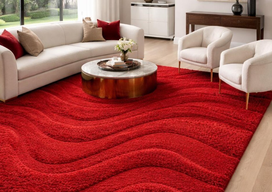 Red Wavy Luxury Tufted Rug – Modern High-low Pile Statement Area Rug ...
