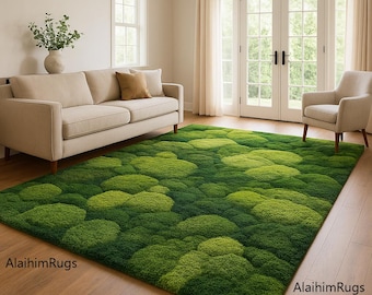 Green Moss Tufted Rug – Botanical High-Low Pile Area Rug , Nature Inspired Carpet