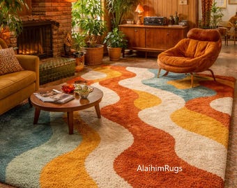 Mid Century Modern Wavy Shag Rug, Retro 70s Abstract Tufted Area Rug, Handmade Wool Rug for Living Room, Warm Earth Tones