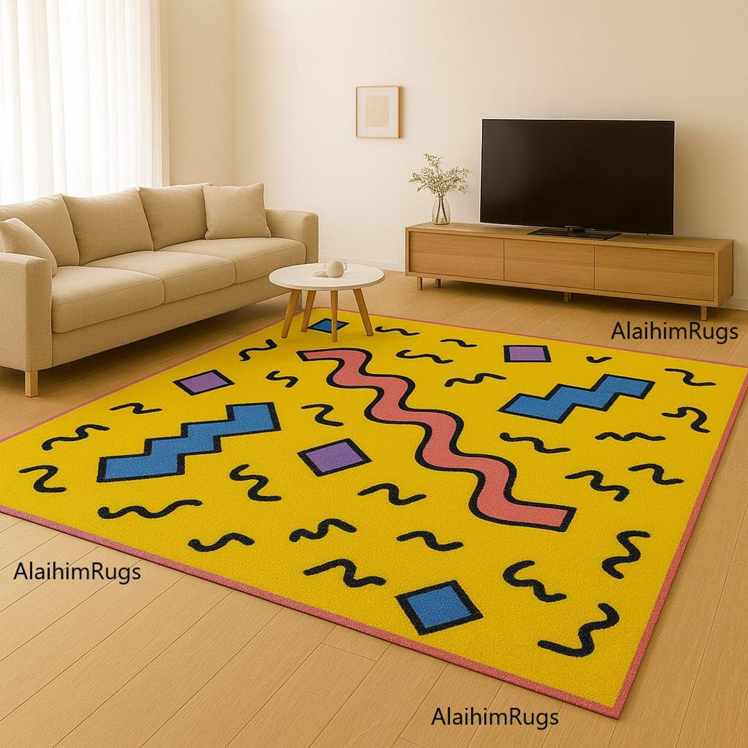 Bold 90s Memphis Style Tufted Rug – Bright Yellow Geometric Pattern ...