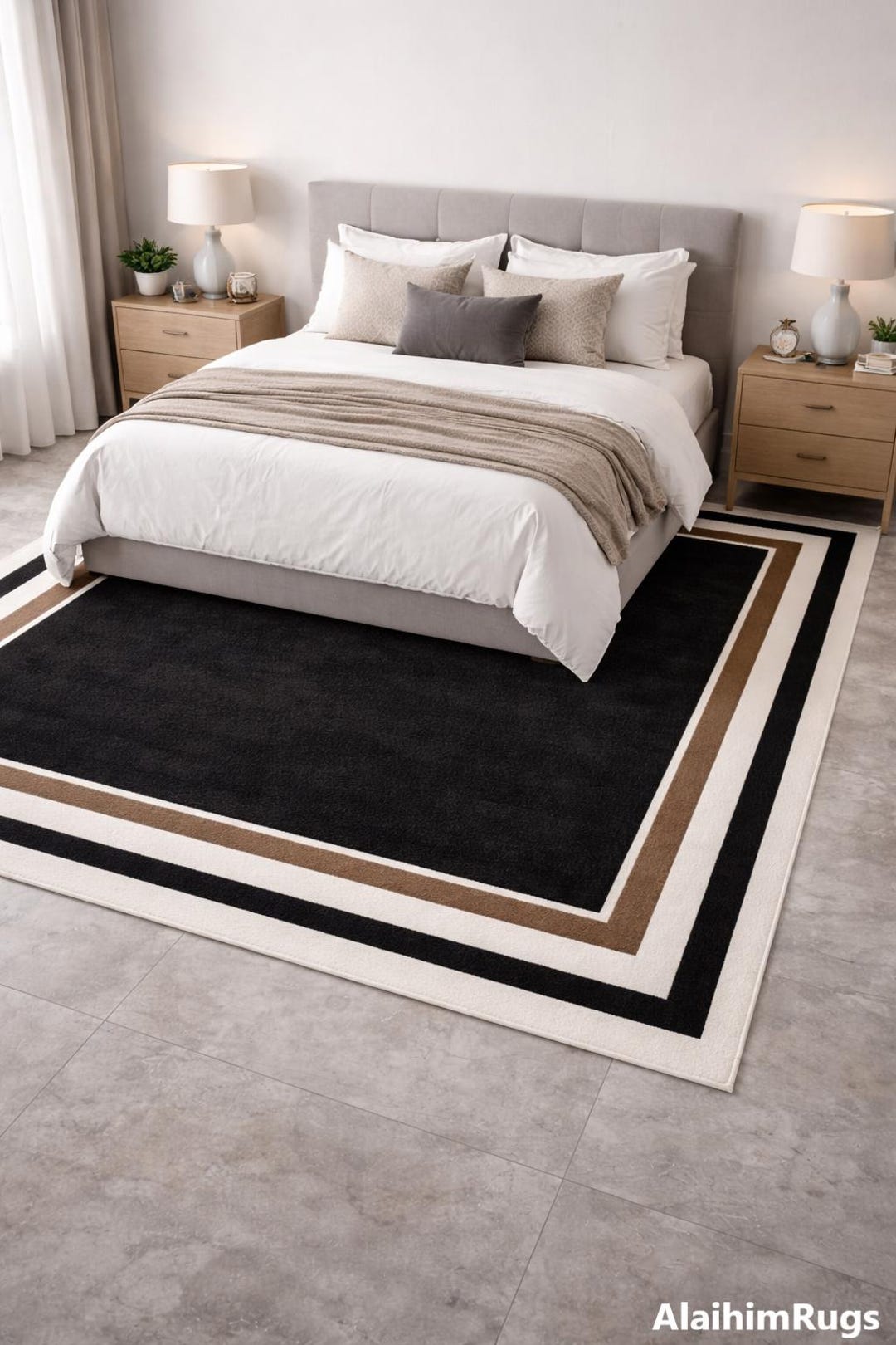 Hand Tufted Modern Border Rug – Black Cream Brown 8x10 Statement Living ...