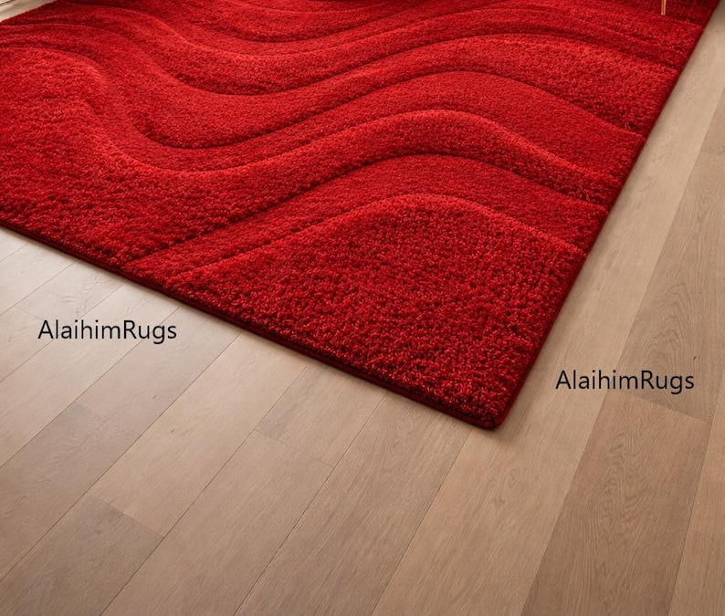 Red Wavy Luxury Tufted Rug – Modern High-low Pile Statement Area Rug ...