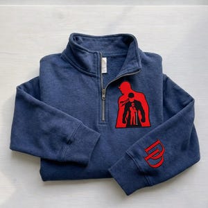 Daredevil Inspired Embroidered Quarter Zip Sweatshirt, Superhero Minimalist Pullover, Streetwear Graphic Zip Hoodie,
