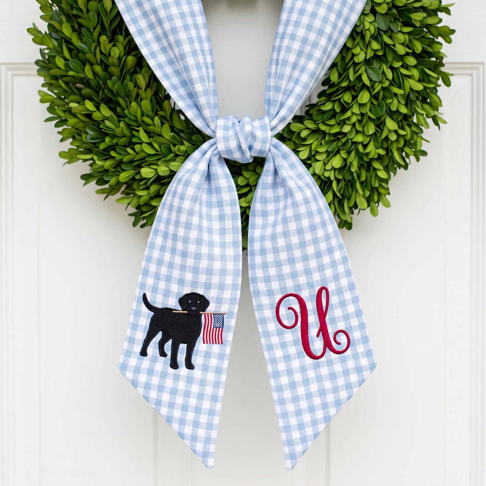 Personalized Black Labrador Retriever USA Flag Embroidered Wreath Sash, Patriotic American Flag Door Decor, Independence Day Front Door Sash