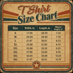 May include: A vintage-style T-shirt size chart with a beige background and red, white, and blue horizontal stripes. The chart lists sizes S through 5XL with corresponding width, length, and sleeve length measurements in inches, all displayed in a grid.