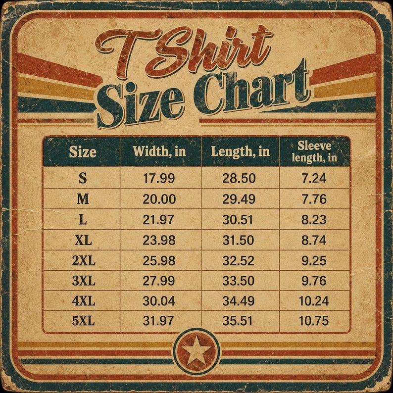 May include: A vintage-style T-shirt size chart with a beige background and red, white, and blue horizontal stripes. The chart lists sizes S through 5XL with corresponding width, length, and sleeve length measurements in inches, all displayed in a grid.