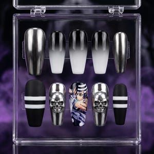 Uñas postizas 3D con calaveras de anime pintadas a mano / Uñas largas góticas cromadas plateadas con forma de ataúd / Uñas postizas punk degradadas en blanco y negro para cosplay, alt