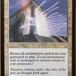 May include: A rectangular trading card titled Replenish with a tan border and black frame. The illustration depicts a stone structure with a central pillar emitting bright white light rays. Text includes Sorcery, game rules, and artist credit.