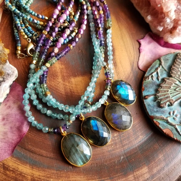 Labradorite Beaded Necklace. Apatite, Iolite, Amethyst, Glass, Gold, Brass, Beaded Gemstone Necklace