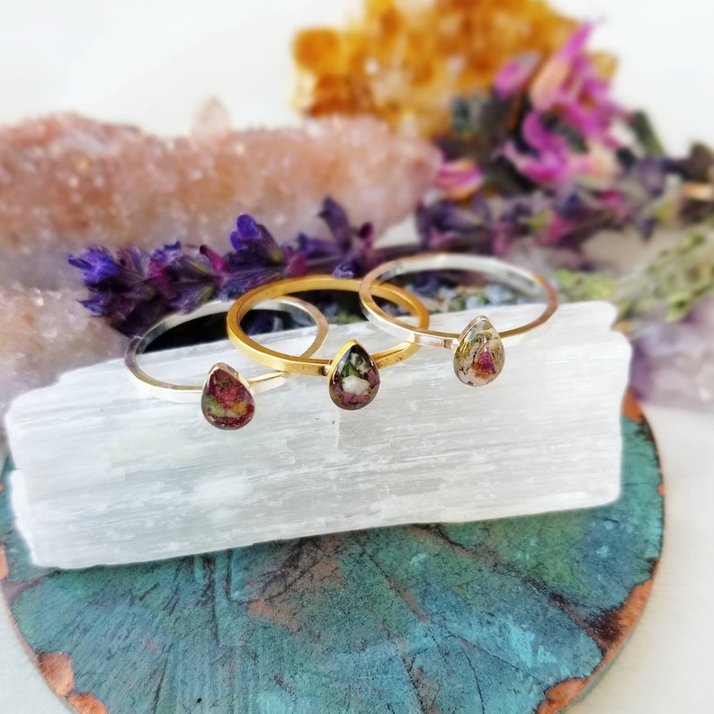 Resin Art Stacking Ring Size 9 Botanical Magic Ring 24k Gold or Sterling Silver Size 9 Herbs and Flowers