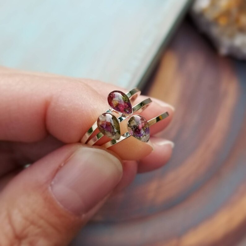Resin Art Stacking Ring Size 9 Botanical Magic Ring 24k Gold or Sterling Silver Size 9 Herbs and Flowers