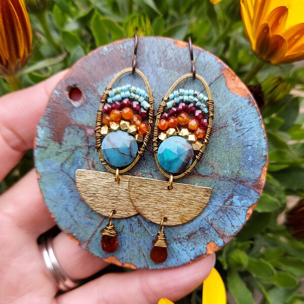 Chrysocolla, Carnelian and Garnet Earrings. Lightweight, Colorful, Brass. Artisan Gemstone Earrings