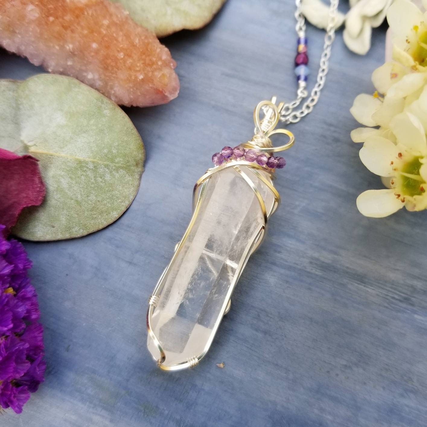 Genuine Natural Quartz Sterling Silver Necklace Vintage Purple Quartz Crystal Silver Pendant Healing Stone Boho Chic