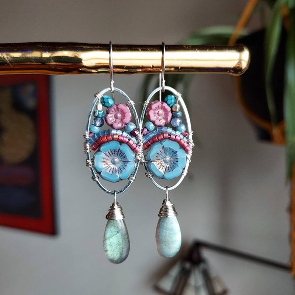 Labradorite Beaded Blooms Earrings. Lightweight, Czech Glass Beads, Colorful, Silver. Artisan Gemstone Earrings