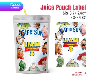 Toy Story Watercolor Capri Sun Label Template | Editable Canva Woody Buzz Lightyear Juice Pouch | Artistic Birthday Favor