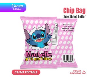 Plantilla editable de bolsa de chips de Stitch, recuerdo de fiesta de cumpleaños de Canva, bolsa imprimible de bocadillos de Lilo y Stitch, decoración tropical de luau, descarga instantánea