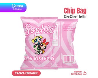 Editable Powerpuff Girls Chip Bag Template, Canva Birthday Party Favor, Printable PPG Snack Bag, Retro Cartoon Decor, Instant Download