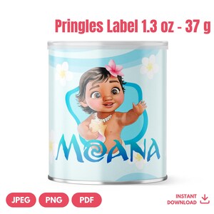 May include: A light blue Pringles can featuring the character Moana from the Disney movie. The can has a pink flower and the word "Moana" in blue. The label reads "Pringles Label 1.3 oz - 37 g".