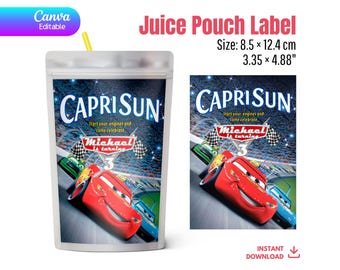 Lightning McQueen Capri Sun Label Template | Editable Canva Race Car Juice Pouch Wrapper | Cars Birthday Party Digital DIY
