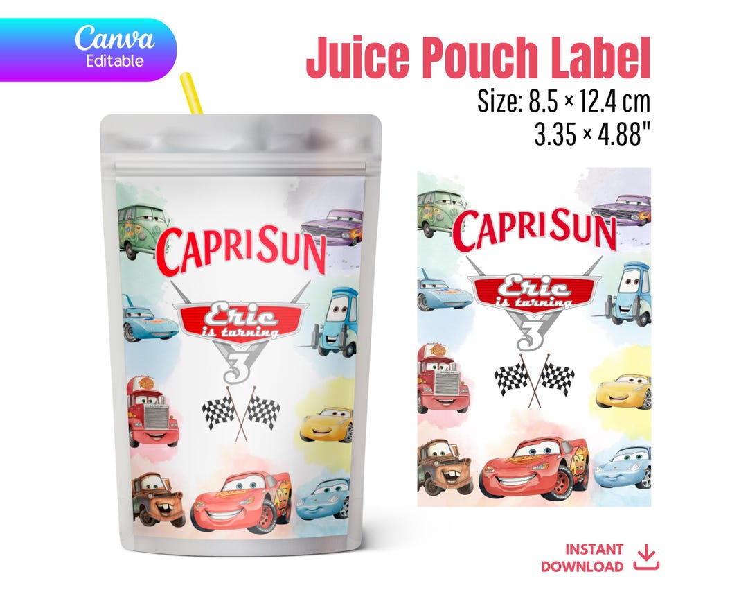 Cars Watercolor Capri Sun Label Template | Editable Canva Race Car ...