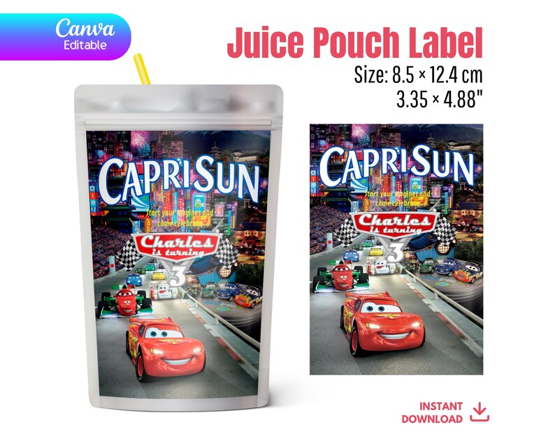 Lightning Mcqueen Capri Sun Label Template | Editable Canva Race Car ...
