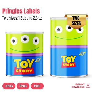 May include: Two Pringles labels featuring a Toy Story design. The labels are for two sizes: 1.3 oz and 2.3 oz. The labels have a green and blue color scheme with the words "Toy Story" in a bold font.