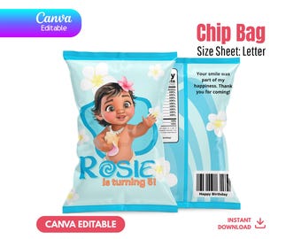 Editable Moana Chip Bag Template, Canva Birthday Party Favor, Printable Luau Snack Bag, Custom Tropical Decor, Instant Download