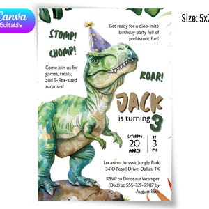May include: A 5x7 inch dinosaur-themed birthday party invitation. The invitation features a watercolor illustration of a green Tyrannosaurus Rex wearing a party hat. Text includes "Jack is turning 3" and party details.