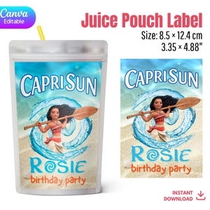 May include: A Capri Sun juice pouch label with a Moana theme. The label features the Capri Sun logo, a cartoon image of Moana holding a paddle, and the text "Rosie birthday party". The label measures 8.5 x 12.4 cm.