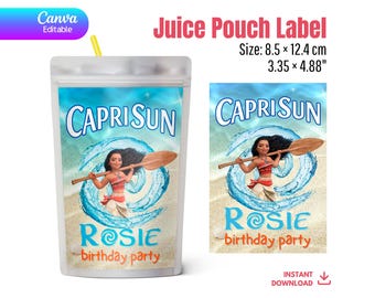 Moana Capri Sun Label Template | Editable Canva Juice Pouch Wrapper DIY | Ocean Birthday Party Favor Printable Sticker