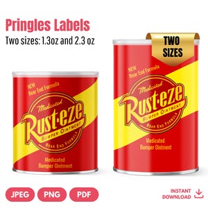 Könnte beinhalten: Zwei rot-gelbe Dosen "Rust-eze Medicated Bumper Ointment" mit dem Text "New Rear End Formula". Das Bild enthält auch den Text "Pringles Labels" und "Zwei Größen: 37g und 65g."