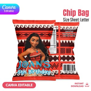 May include: A red chip bag with a cartoon image of a woman in a red and white outfit. The bag has the text "Joan's 5th Birthday" and "Happy Birthday". The bag is Canva editable and available for instant download.