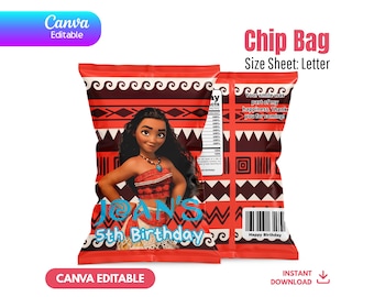 Editable Moana Chip Bag Template, Canva Birthday Party Favor, Printable Luau Snack Bag, Custom Tropical Decor, Instant Download