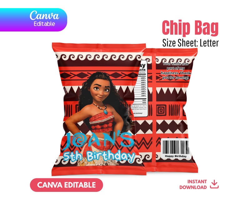 May include: A red chip bag with a cartoon image of a woman in a red and white outfit. The bag has the text "Joan's 5th Birthday" and "Happy Birthday". The bag is Canva editable and available for instant download.