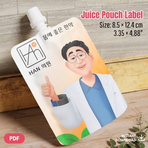 May include: A juice pouch label featuring an illustration of a smiling man in a white coat, with the text "Juice Pouch Label" and size details: 3.35 x 4.88 inches. The label also includes Korean text and a logo.