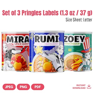 Puede incluir: Conjunto de tres etiquetas de Pringles con ilustraciones de estilo anime. Las etiquetas son para "Mira Spice Queen", "Rumi Superstar Flavor" y "Zoey Hamburguer". Cada lata presenta un personaje diferente y un plato de comida. Las etiquetas son de 37 g.