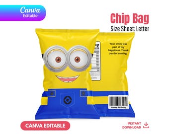 Modello modificabile per sacchetti di patatine Minions, bomboniera per feste di compleanno Canva, sacchetto per snack Cattivissimo me stampabile, decorazioni per feste Minions, download immediato