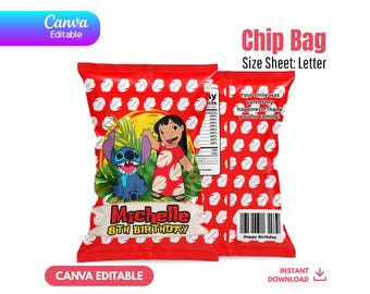 Plantilla editable de bolsa de chips de Stitch, recuerdo de fiesta de cumpleaños de Canva, bolsa imprimible de bocadillos de Lilo y Stitch, decoración tropical de luau, descarga instantánea