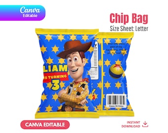 Plantilla editable de bolsa de papas fritas de Toy Story, recuerdo de fiesta de Woody y Buzz, bolsa de refrigerio de cumpleaños de Canva, decoración espacial de vaqueros, descarga instantánea