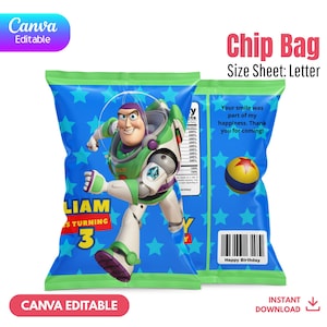 May include: A blue chip bag featuring Buzz Lightyear from Toy Story, with the text "LIAM IS TURNING 3". The bag has a star pattern and includes the words "Happy Birthday". The design is Canva editable and available for instant download.