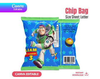 Plantilla editable de bolsa de papas fritas de Toy Story, recuerdo de fiesta de Woody y Buzz, bolsa de refrigerio de cumpleaños de Canva, decoración espacial de vaqueros, descarga instantánea