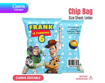 Plantilla editable de bolsa de papas fritas de Toy Story, recuerdo de fiesta de Woody y Buzz, bolsa de refrigerio de cumpleaños de Canva, decoración espacial de vaqueros, descarga instantánea