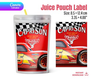 Lightning McQueen Capri Sun Label Template | Editable Canva Race Car Juice Pouch Wrapper | Cars Birthday Party Digital DIY