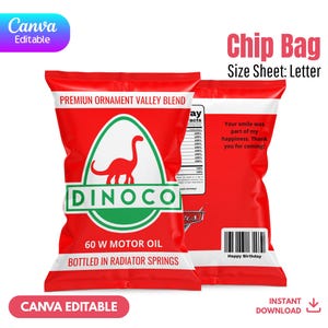 May include: Red chip bag with the text "Chip Bag" and "Size Sheet: Letter". The front of the bag features a green and white Dinoco logo with a red dinosaur. The back of the bag has text that says "Your smile was part of my happiness. Thank you for coming!"